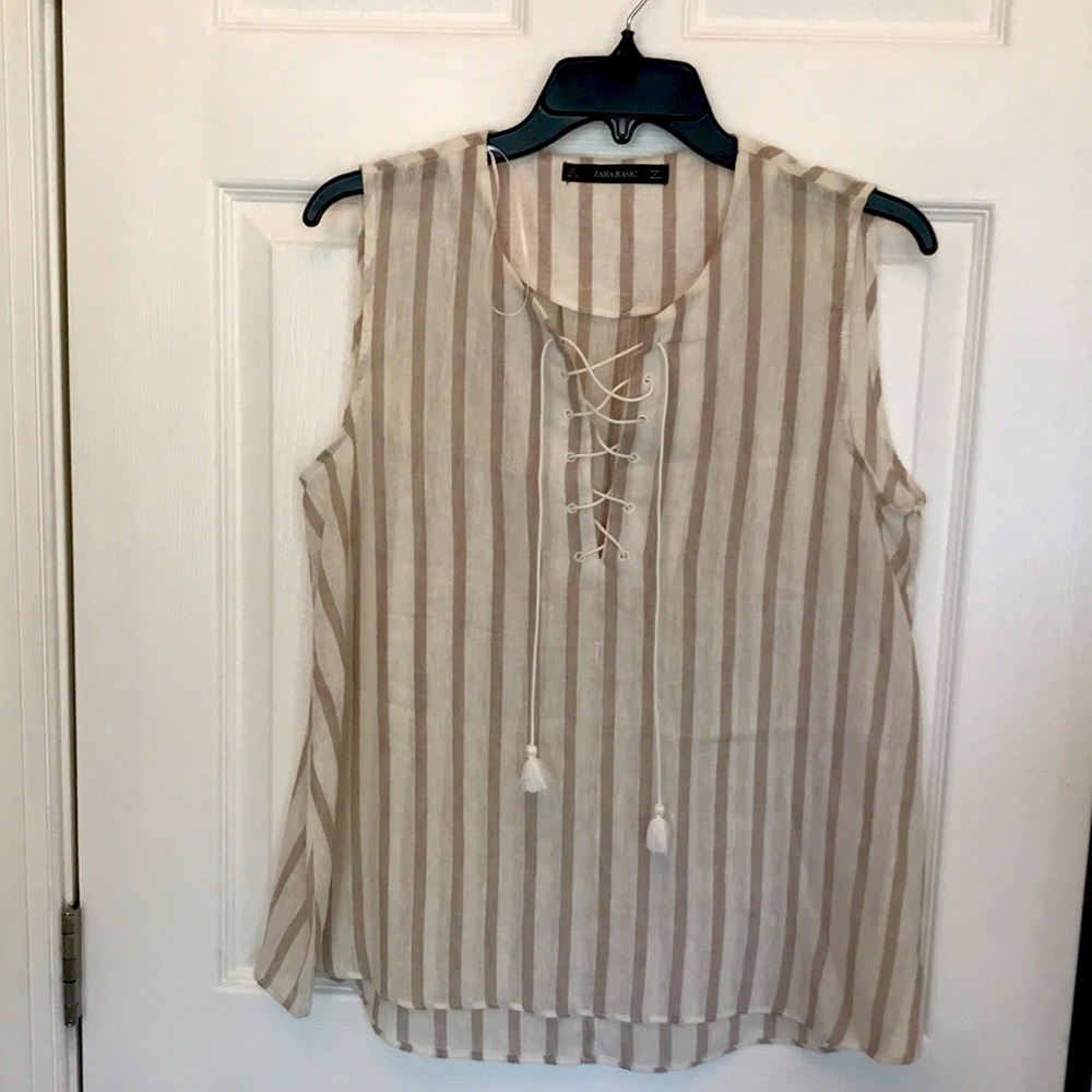 Zara basic sleeveless stripe linen top with lacing